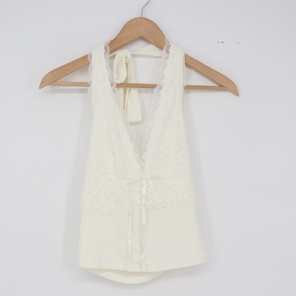 Moa Moa Halter Top Womens Small Lace Trim Cream Romantic Excellent